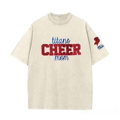 Personalized Custom Glitter Embroidered Cheer Mom Washed T-Shirt