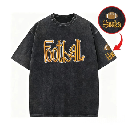 Personalized College Team Double 3D Puff School Mascot Embroidered Washed T-Shirt