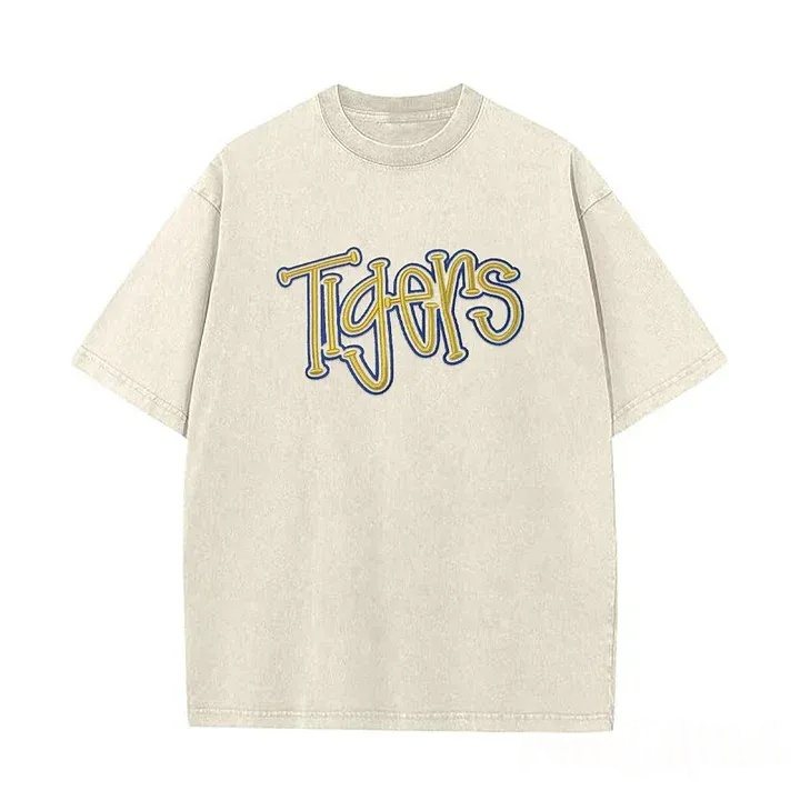 Personalized College Team Double 3D Puff School Mascot Embroidered Washed T-Shirt