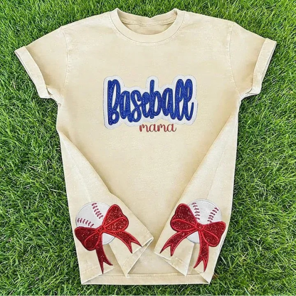 Personalized Custom Glitter Embroidered Baseball Mom Washed T-Shirt with Side Bow