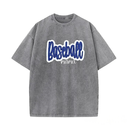 Personalized Custom Glitter Embroidered Baseball Mom Washed T-Shirt with Side Bow