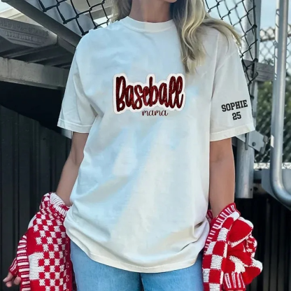 Personalized Custom Glitter Embroidered Baseball Mom Washed T-Shirt with Side Bow