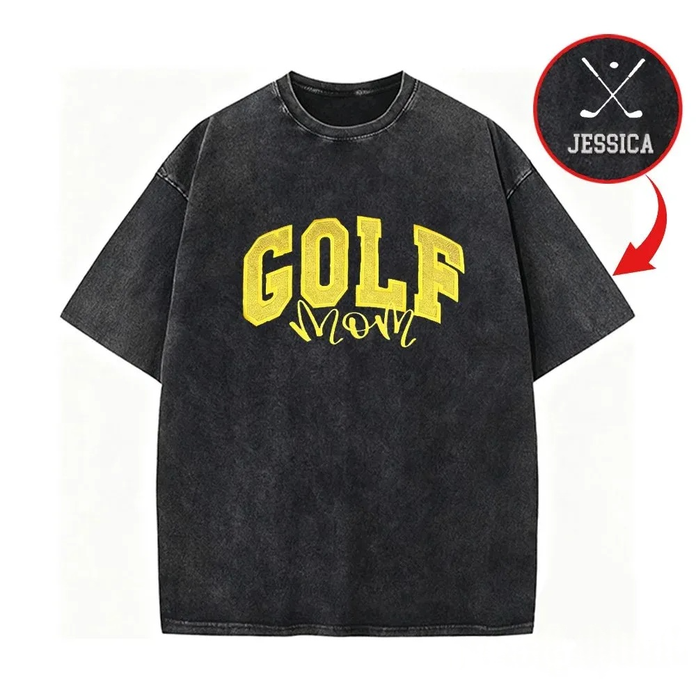 Proudstitch Personalized Custom Glitter Embroidered Golf Mom Washed T-Shirt