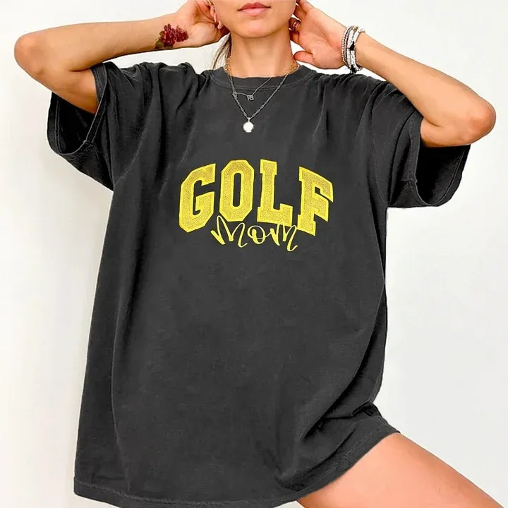 Proudstitch Personalized Custom Glitter Embroidered Golf Mom Washed T-Shirt