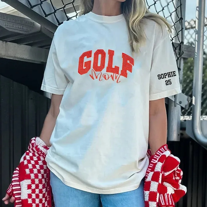 Proudstitch Personalized Custom Glitter Embroidered Golf Mom Washed T-Shirt