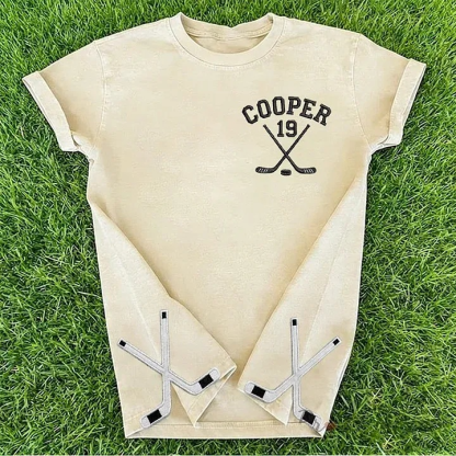 Personalized Custom Embroidered Hockey Washed T-Shirt with Side Crossed Hockey Sticks