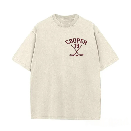 Personalized Custom Embroidered Hockey Washed T-Shirt with Side Crossed Hockey Sticks
