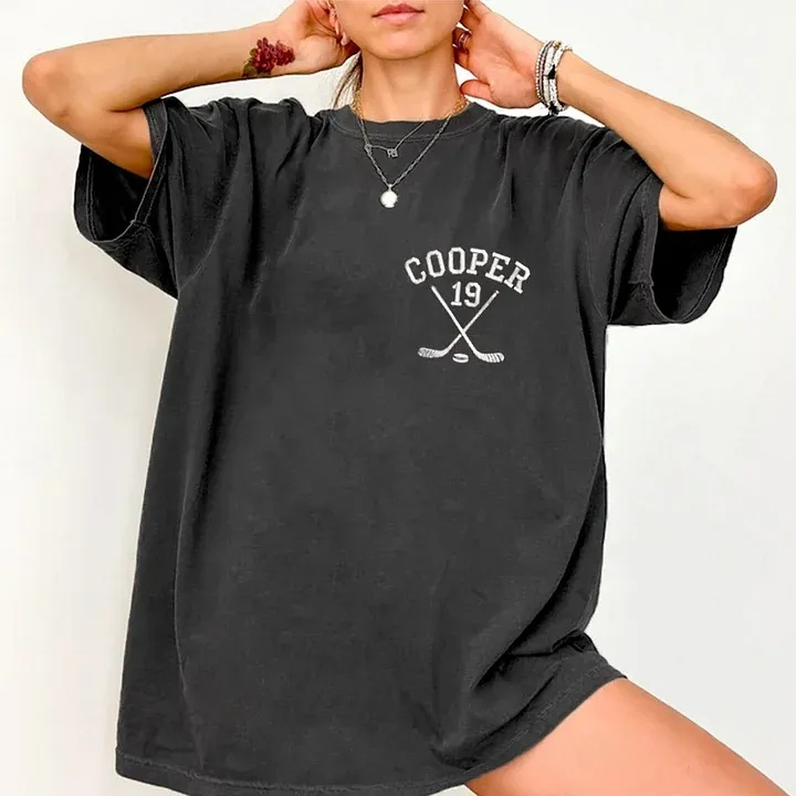 Personalized Custom Embroidered Hockey Washed T-Shirt with Side Crossed Hockey Sticks