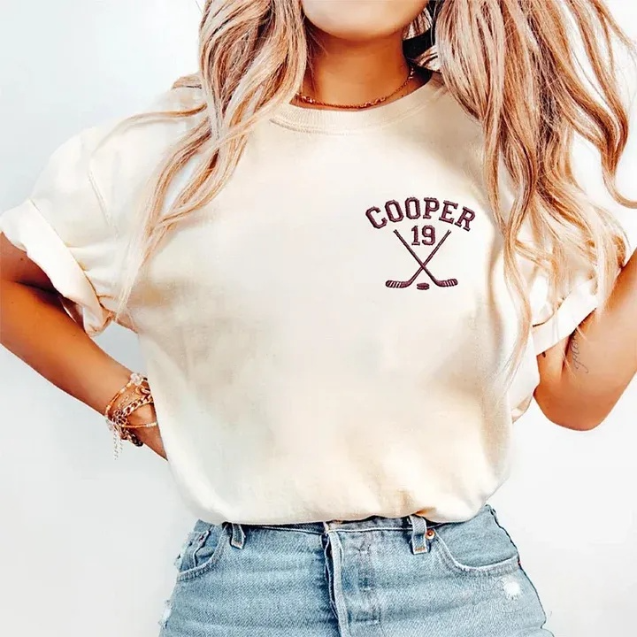 Personalized Custom Embroidered Hockey Washed T-Shirt with Side Crossed Hockey Sticks