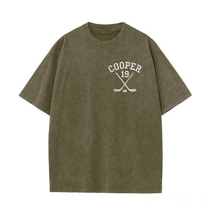 Personalized Custom Embroidered Hockey Washed T-Shirt with Side Crossed Hockey Sticks