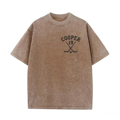 Personalized Custom Embroidered Hockey Washed T-Shirt with Side Crossed Hockey Sticks