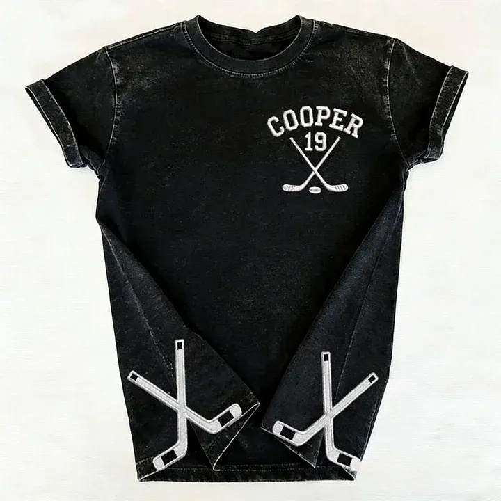 Personalized Custom Embroidered Hockey Washed T-Shirt with Side Crossed Hockey Sticks