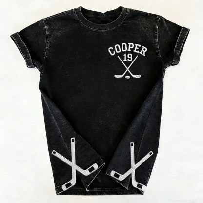 Personalized Custom Embroidered Hockey Washed T-Shirt with Side Crossed Hockey Sticks