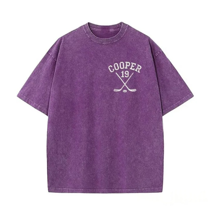 Personalized Custom Embroidered Hockey Washed T-Shirt with Side Crossed Hockey Sticks