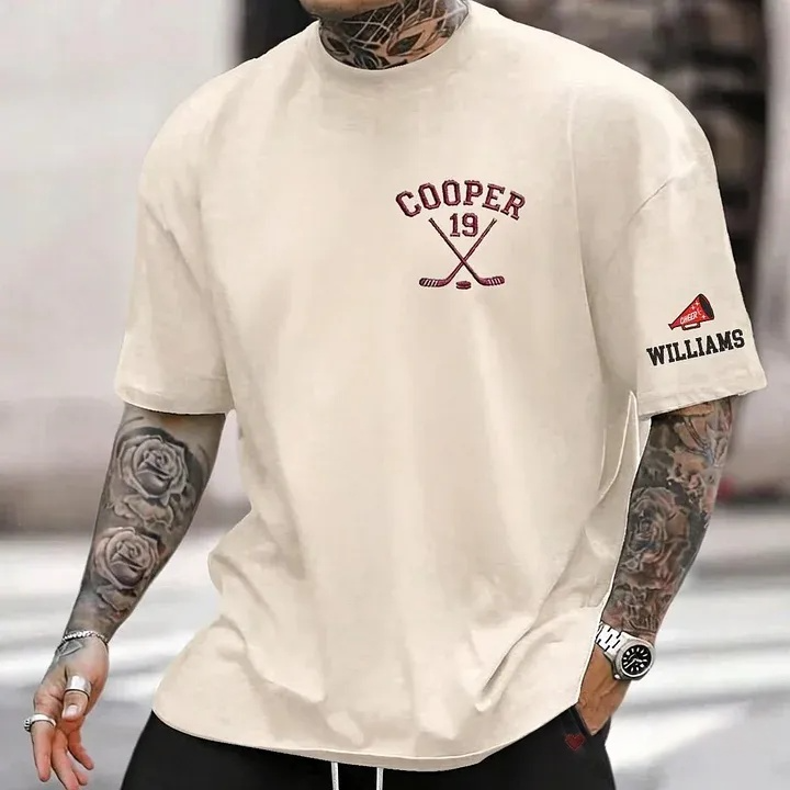 Personalized Custom Embroidered Hockey Washed T-Shirt with Side Crossed Hockey Sticks