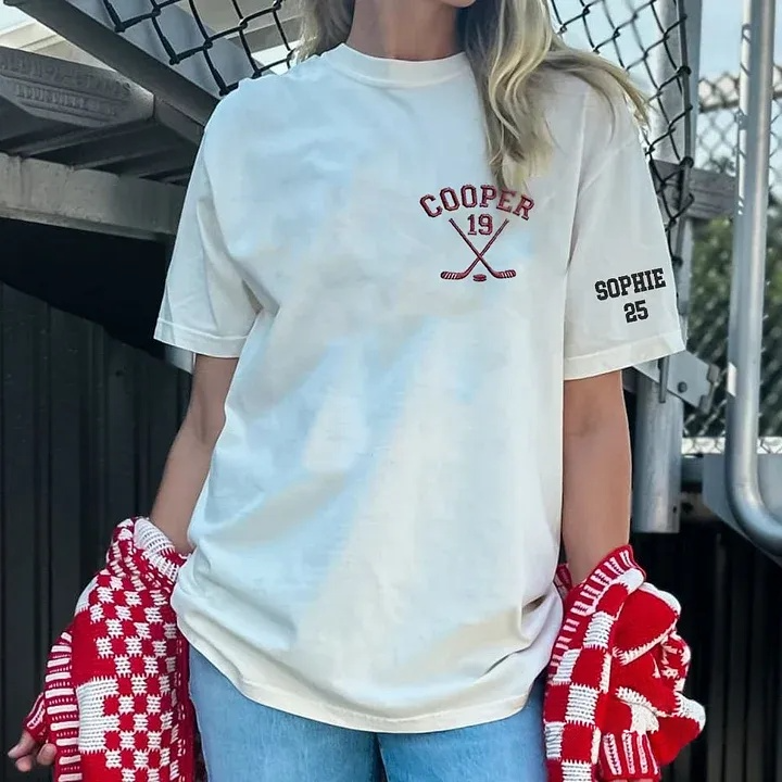 Personalized Custom Embroidered Hockey Washed T-Shirt with Side Crossed Hockey Sticks