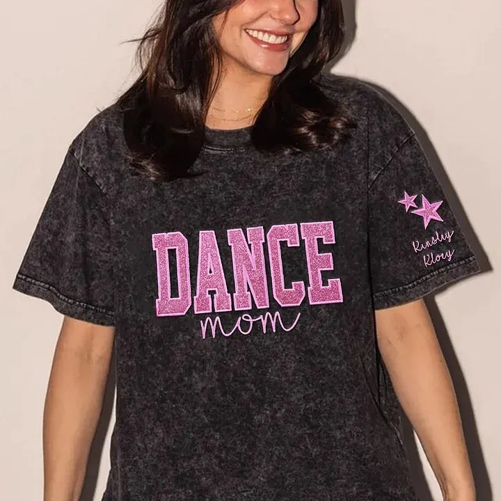 Personalized Embroidered Dance Mom Washed T-Shirt with Kids Name on Sleeve