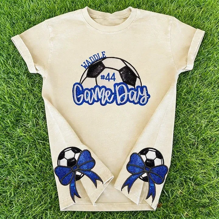 Soccer Game Day Washed T-Shirt Sequin Soccer Side Bow