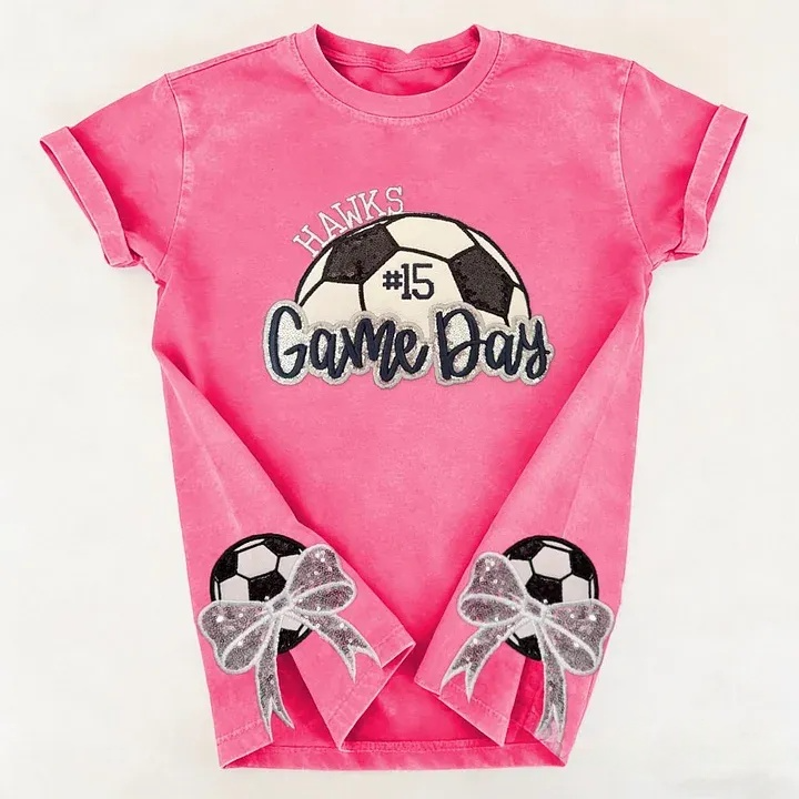 Soccer Game Day Washed T-Shirt Sequin Soccer Side Bow
