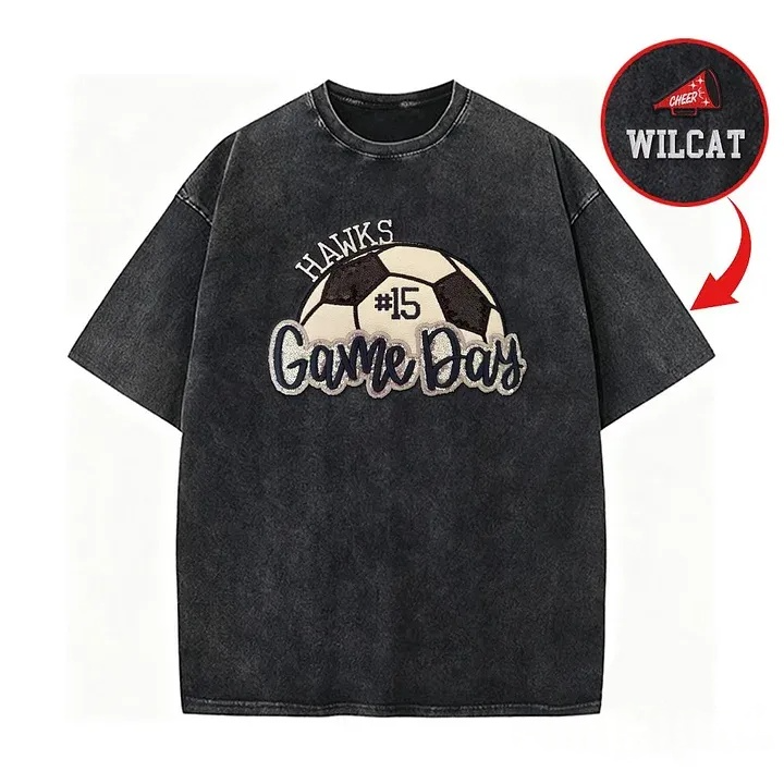 Soccer Game Day Washed T-Shirt Sequin Soccer Side Bow