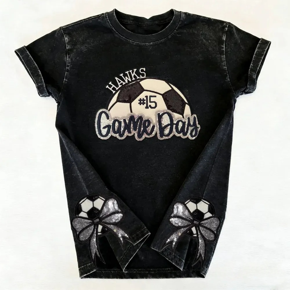 Soccer Game Day Washed T-Shirt Sequin Soccer Side Bow