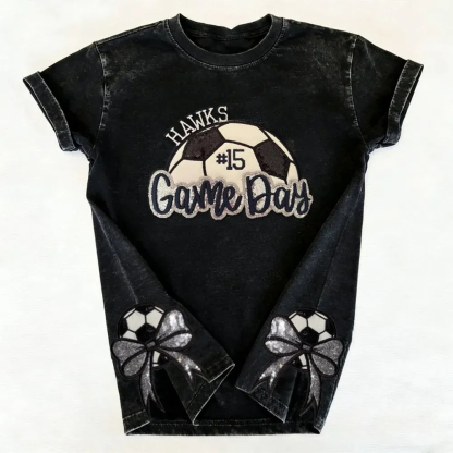 Soccer Game Day Washed T-Shirt Sequin Soccer Side Bow