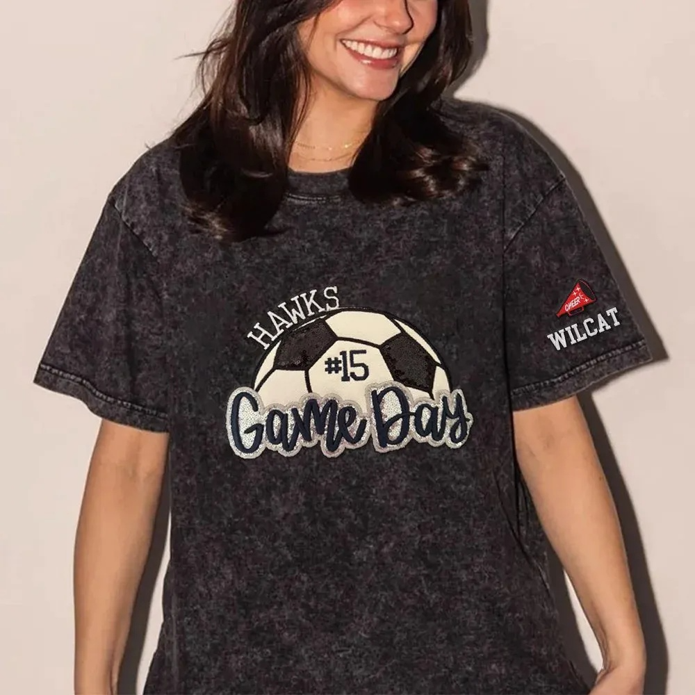 Soccer Game Day Washed T-Shirt Sequin Soccer Side Bow