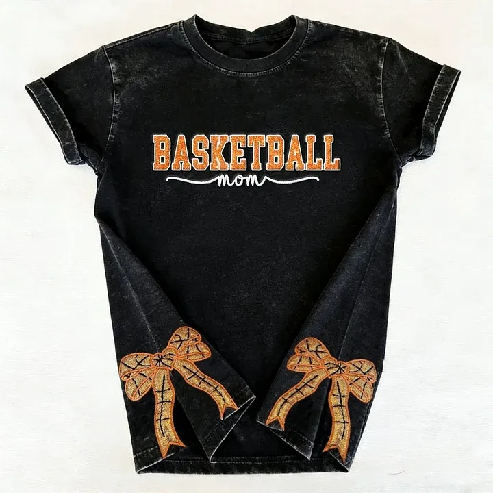 Basketball Mom Side Bow Washed T-shirt with Glitter Embroidered Coquette Sweatshirt
