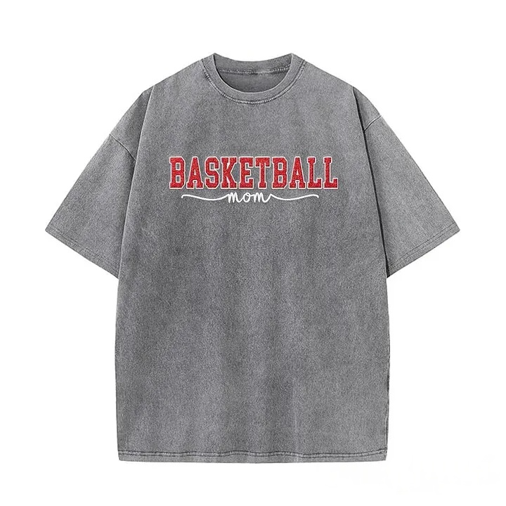 Basketball Mom Side Bow Washed T-shirt with Glitter Embroidered Coquette Sweatshirt