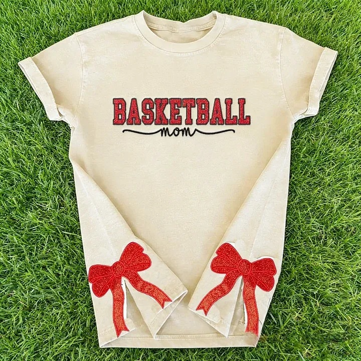 Basketball Mom Side Bow Washed T-shirt with Glitter Embroidered Coquette Sweatshirt