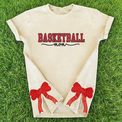 Basketball Mom Side Bow Washed T-shirt with Glitter Embroidered Coquette Sweatshirt