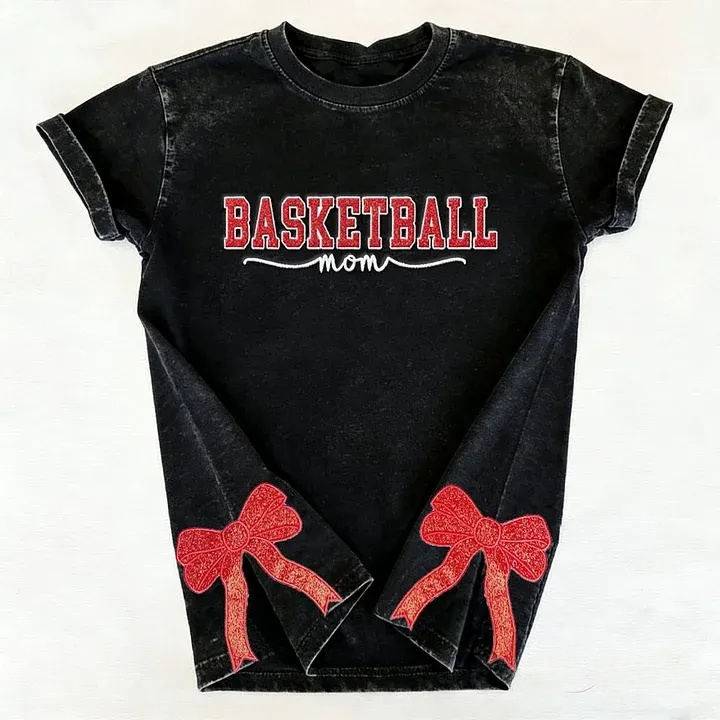 Basketball Mom Side Bow Washed T-shirt with Glitter Embroidered Coquette Sweatshirt