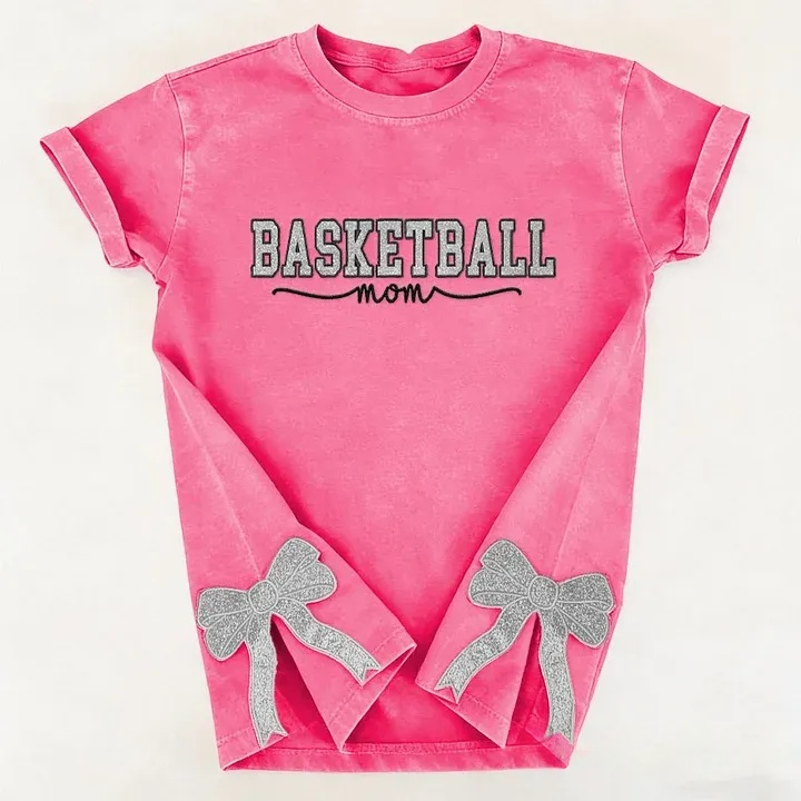 Basketball Mom Side Bow Washed T-shirt with Glitter Embroidered Coquette Sweatshirt