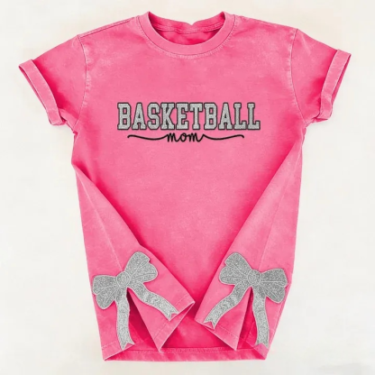 Basketball Mom Side Bow Washed T-shirt with Glitter Embroidered Coquette Sweatshirt