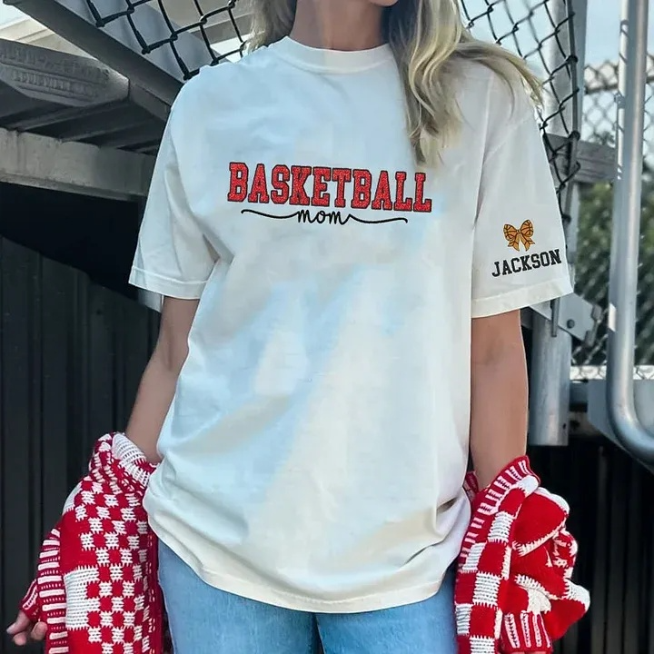 Basketball Mom Side Bow Washed T-shirt with Glitter Embroidered Coquette Sweatshirt
