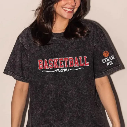 Basketball Mom Side Bow Washed T-shirt with Glitter Embroidered Coquette Sweatshirt
