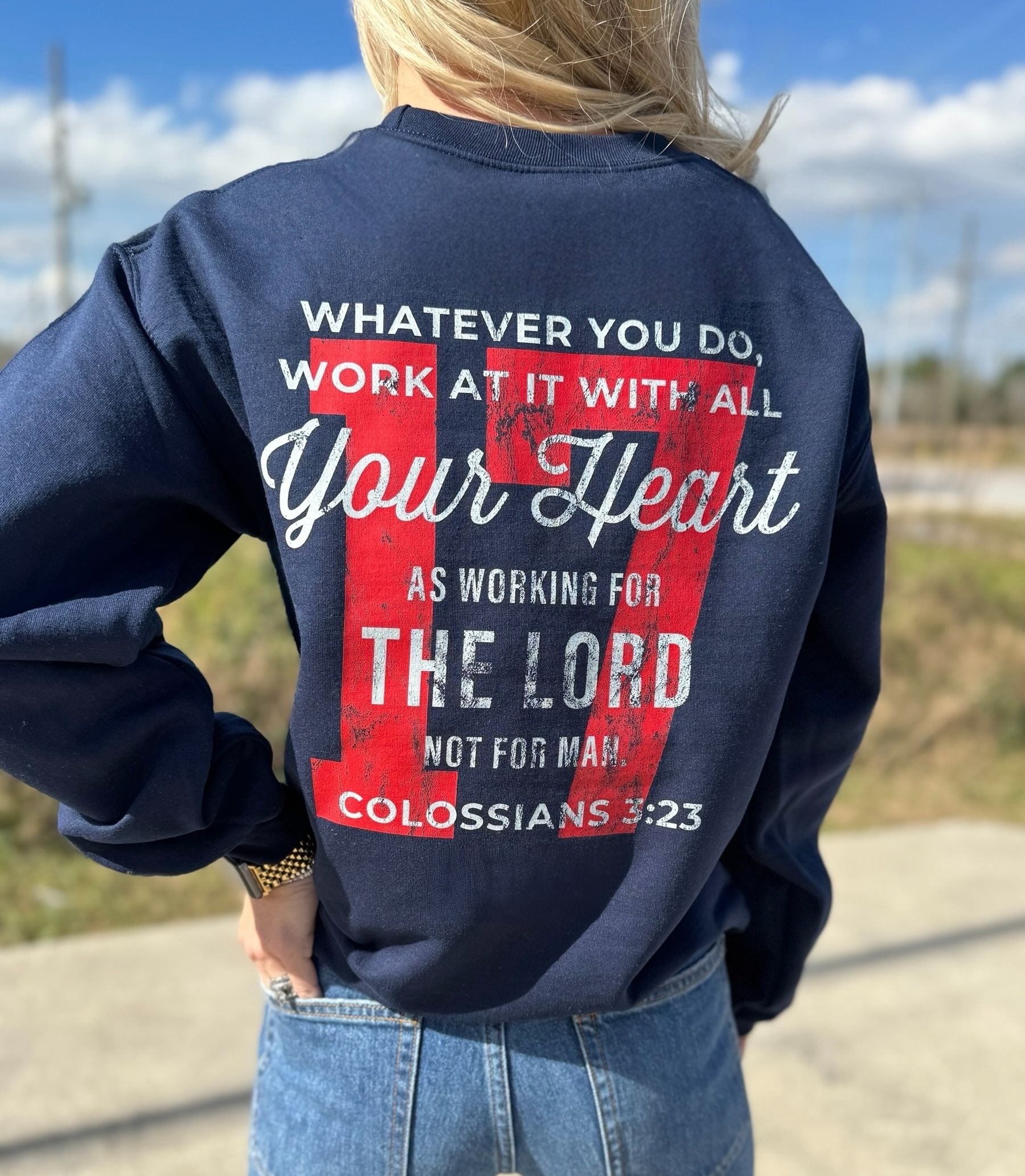 Personalized Christian Sweatshirt – Custom Bible Verse Crewneck “Work With All Your Heart” Colossians 3:23 Faith Gift