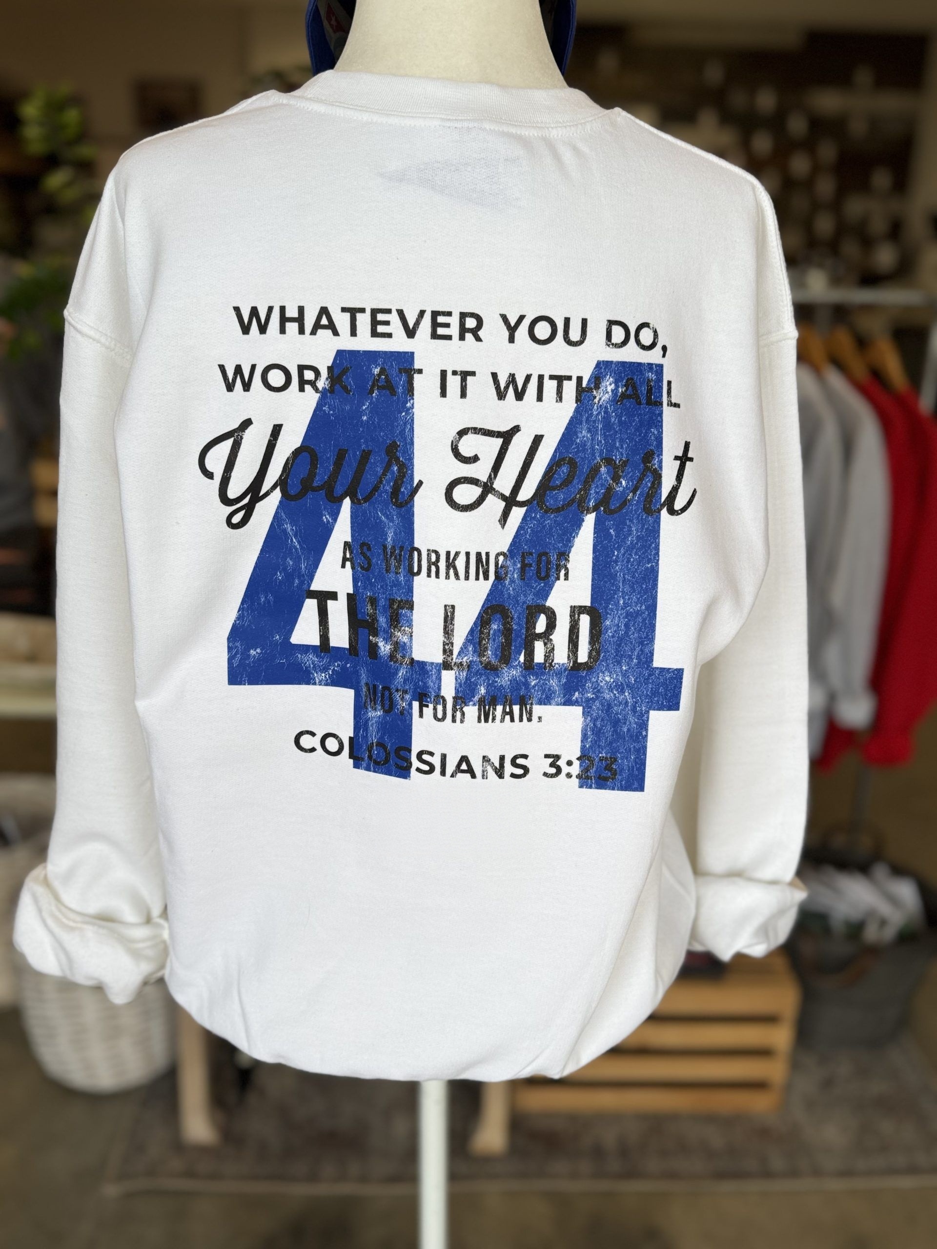 Personalized Christian Sweatshirt – Custom Bible Verse Crewneck “Work With All Your Heart” Colossians 3:23 Faith Gift