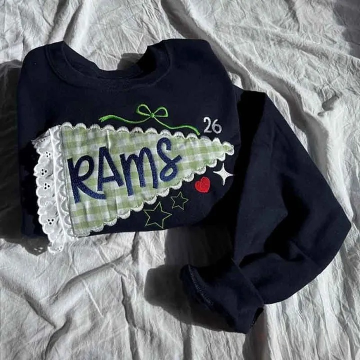 Custom Pennant Sweatshirt Gingham Lace Applique Crewneck Game Day Team Spirit T-shirt