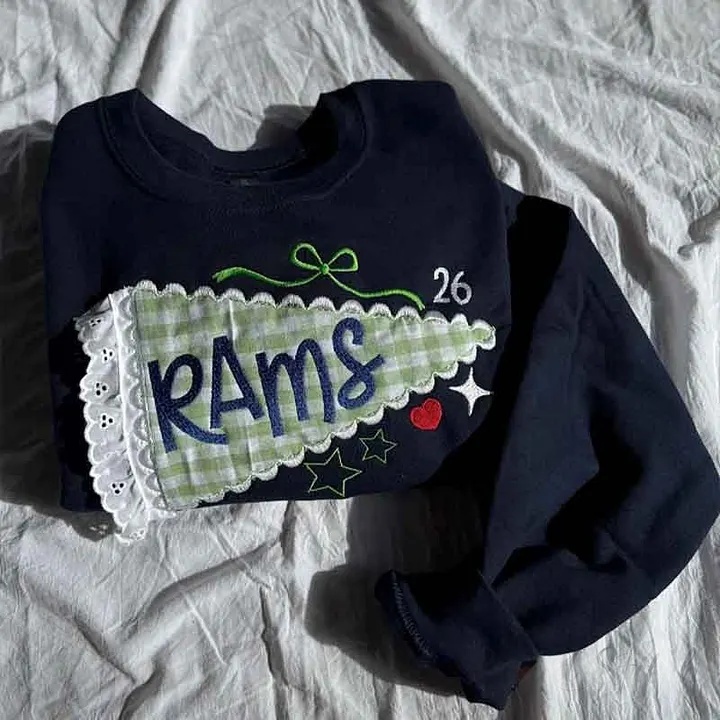 Custom Pennant Sweatshirt Gingham Lace Applique Crewneck Game Day Team Spirit T-shirt
