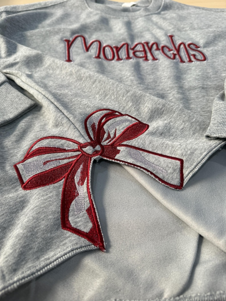 Custom Cropped Puff Embroidered Sweatshirt with Side Bow | School Spiritwear Pullover | Personalized Team Gift
