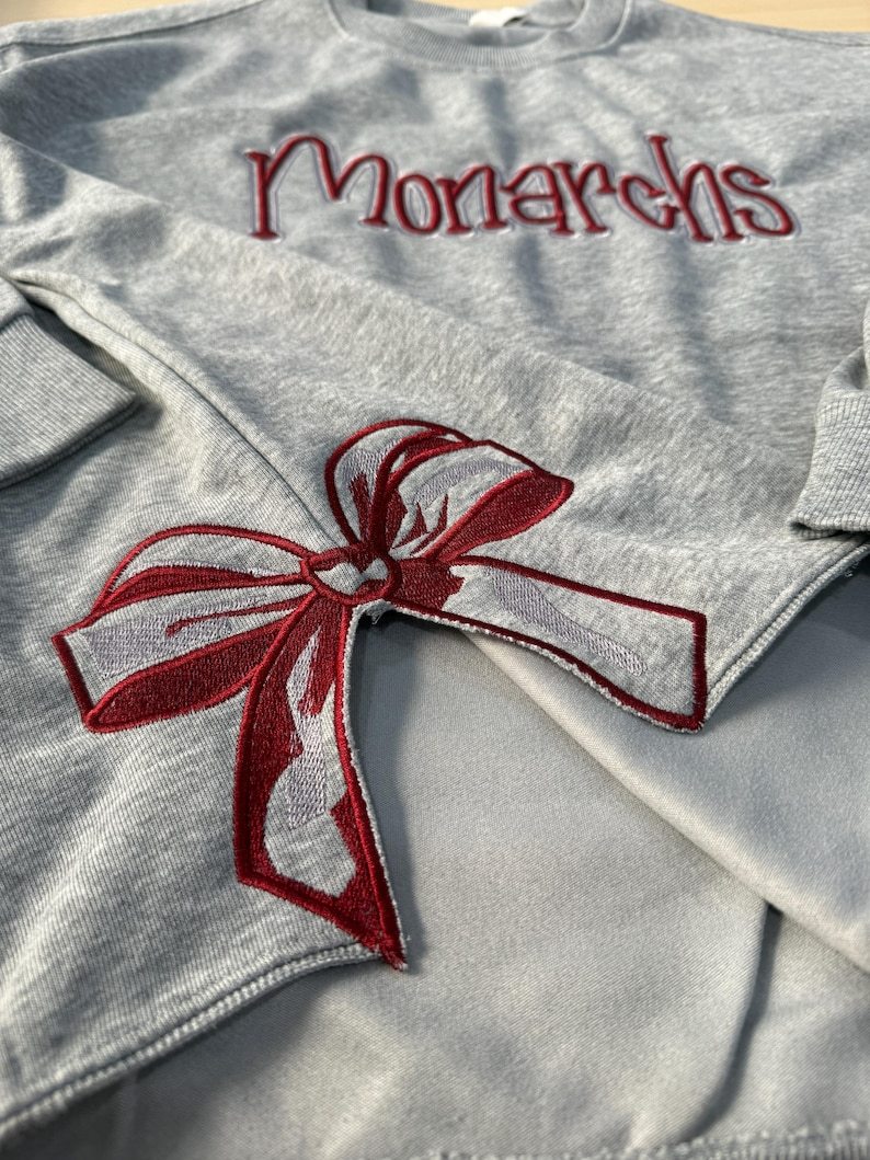 Custom Cropped Puff Embroidered Sweatshirt with Side Bow | School Spiritwear Pullover | Personalized Team Gift
