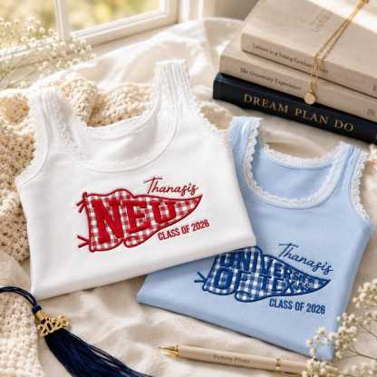 Custom College Pennant Embroidered Shirt, University Lace Trim Camisole, School Spirit Tank Top