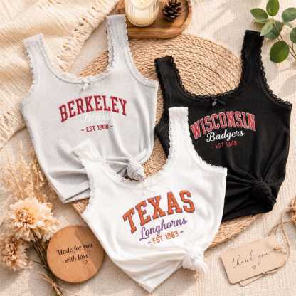 Embroidered Custom University Lace Ribbed Cami, Game Day Tank Top, Retro College Campus Merch