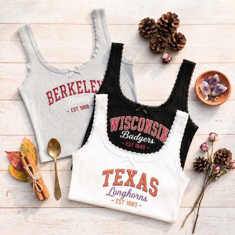 Embroidered Custom University Lace Ribbed Cami, Game Day Tank Top, Retro College Campus Merch