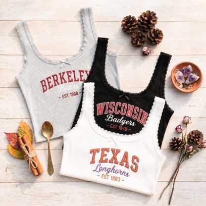 Embroidered Custom University Lace Ribbed Cami, Game Day Tank Top, Retro College Campus Merch