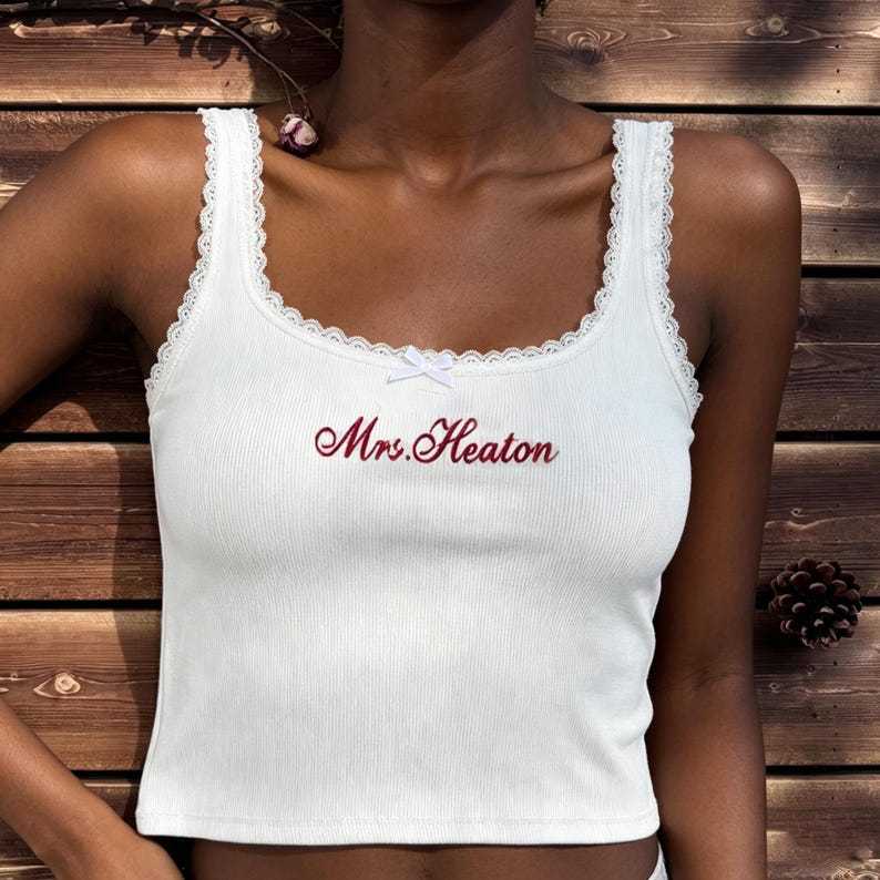 Embroidered Custom University Lace Ribbed Cami, Game Day Tank Top, Retro College Campus Merch
