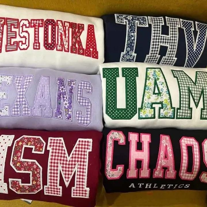 Custom Patchwork Fabric Embroidered Sweatshirt Team and School Name Applique Varsity Letters