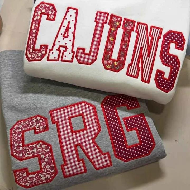 Custom Patchwork Fabric Embroidered Sweatshirt Team and School Name Applique Varsity Letters