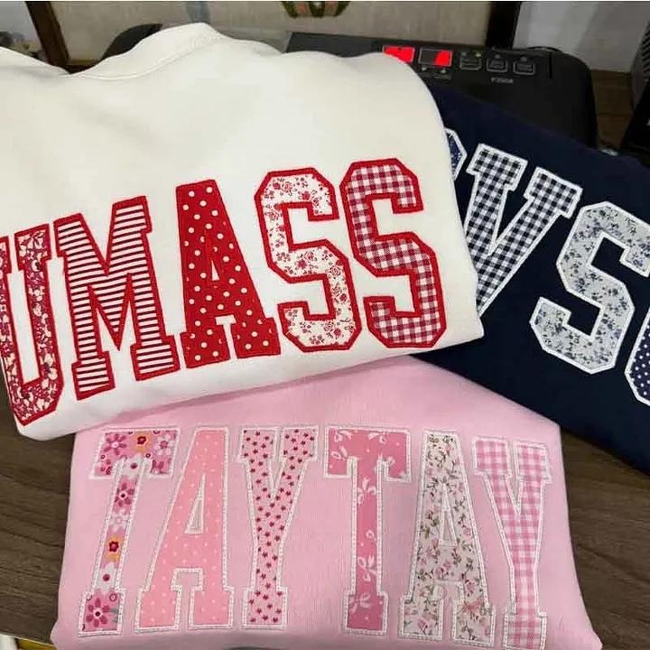 Custom Patchwork Fabric Embroidered Sweatshirt Team and School Name Applique Varsity Letters